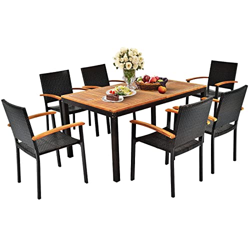 Tangkula 7 Pieces Outdoor Patio Dining Set Patiojoy Outdoor Conversation Set wAcacia Wood Top Table  6 Stackable Rattan ChairsUmbrella Hole Ideal for Backyard Garden