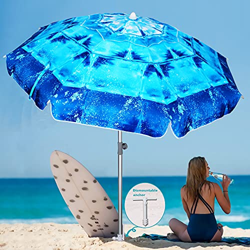 AMMSUN 65 Foot Heavy Duty HIGH Wind Beach Umbrella with sand anchor  Tilt Sun Shelter UV 50 Protection Outdoor Sunshade Umbrella with Carry Bag for Patio Garden Beach Pool Backyard Blue