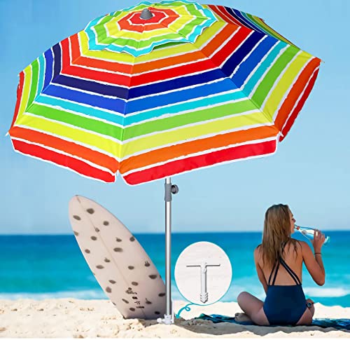 AMMSUN 7 Foot Heavy Duty HIGH Wind Beach Umbrella with Sand Anchor  Tilt Sun Shelter UV 50 Protection Outdoor Sunshade Umbrella with Carry Bag for Patio Garden Beach Pool Backyard Multicolor Red