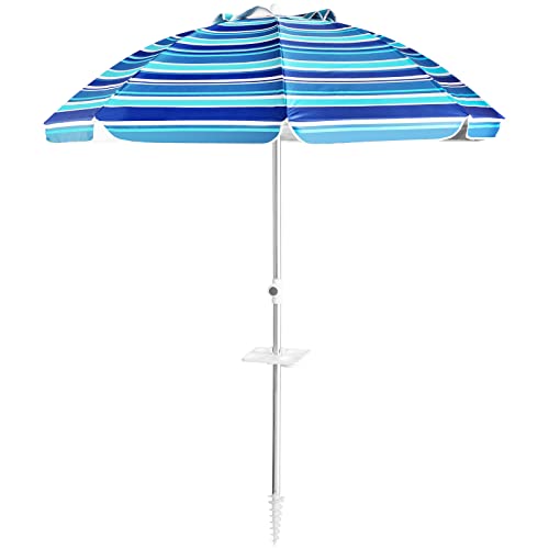 Aoxun Beach Umbrella 7ft Beach Umbrella with Tilt Aluminum Pole and Food Tray Portable Umbrella with Sand Anchor and Carry Bag UPF 50 Sun Shelter with Air Vents Design for Sand and Outdoor Activities (Blue White Stripe)