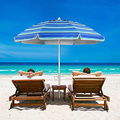CLISPEED 65 Beach UmbrellaPortable Patio Umbrella with Sand Achor  Tilt Aluminum PoleUV 50 Protection Sun Shelter for Patio Table Backyard Outdoor Activities Stripe Blue (Blue Stripe)