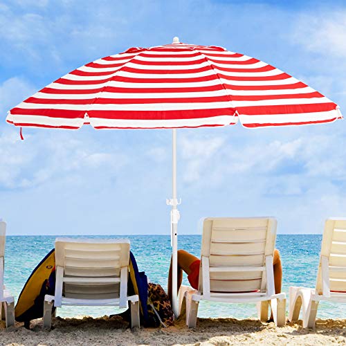 KITADIN 65FT Beach Umbrella Portable Outdoor Patio Sun Shelter with Sand Anchor Fiberglass Rib Push Button Tilt and Carry Bag (RedWhite)
