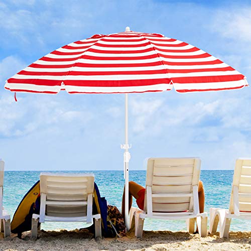 KITADIN 65FT Beach Umbrella Portable Outdoor Patio Sun Shelter with Sand Anchor Fiberglass Rib Push Button Tilt and Carry Bag (RedWhite)