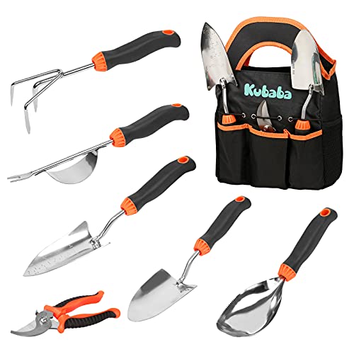 KUBABA Garden Tools Set 7 Piece  Heavy Duty Gardening Tools Stainless Steel Gardening Kit with Soft Rubberized NonSlip Handle Tools for Women Gardening Lovers