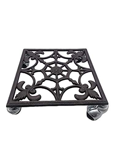 Comfy Hour Rustic Style Collection Cast Iron Garden Plant Trolley Flowerpot Holder with Heavy Duty Super Strong Industrial Strength Iron Wheels