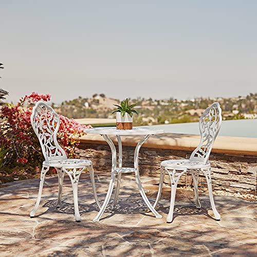 BELLEZE Cast Iron 3 Piece Bistro Set Weather Resistant Round Outdoor Patio Metal Garden Cafe Dining Table with 2 Chairs Boho Retro Vintage Leaf Design  White
