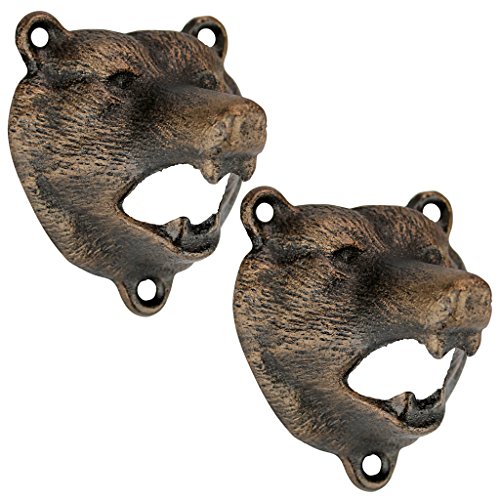 Design Toscano Grizzly Bear of the Woods Wall Mount Bottle Opener 3 Inch Set of Two Cast Iron Aged Gold