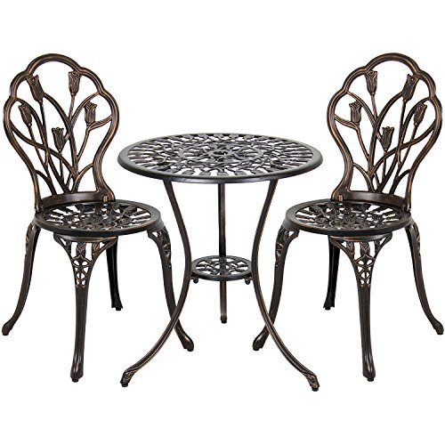 Patio Premier 217005 3pc Outdoor Tulip Garden Bistro Set Cast Iron and Aluminum Frame Bronze