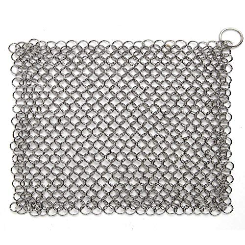 Hulless Chainmail Scrubber 8x6 inch Stainless Steel Cast Iron Cleaner Durable AntiRust Scrubber for Pots Skillets Griddle Pans BBQ Grills and More with Hanging Ring