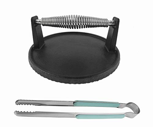LSBABQ Cast Iron Steak WeightBacon Press Heavy Duty Grilling Press for Meats and Baconwith SpringLoaded Handle and Barbecue Tongs (7 Round)