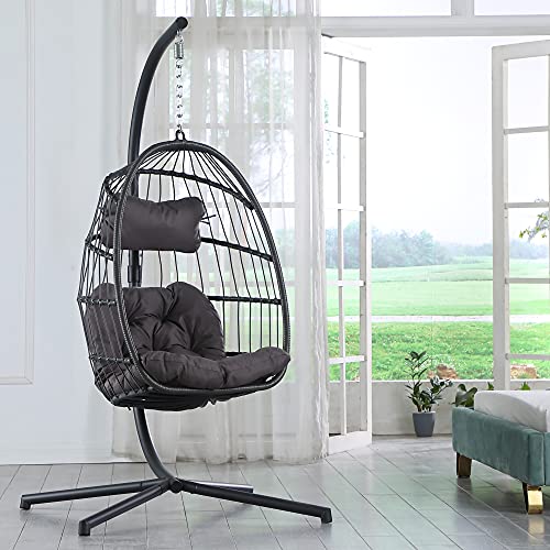Brafab Swing Egg ChairHammock Chair Hanging Chair Aluminum Frame and UV Resistant Cushion with Steel Stand Indoor Outdoor Patio Porch Lounge Bedroom Hand Made Wicker Rattan Chair 350LBS Capacity