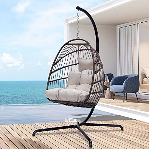 Bulexyard Swing Egg Chair with Stand Indoor Outdoor Wicker Rattan Patio Basket Hanging Chair with UV Resistant Cushions Aluminum Frame 350lbs Capaticy for Bedroom Balcony Patio (Beige)