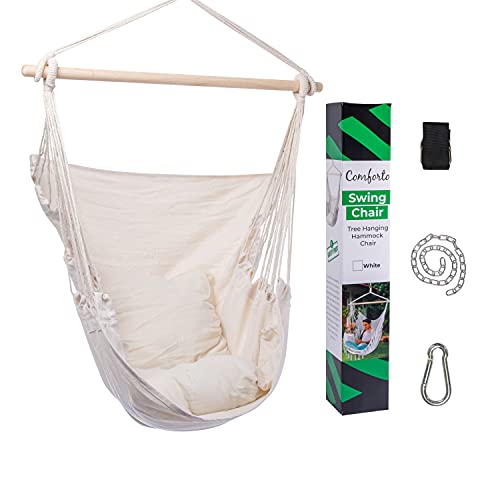 COMFORTO Hammock Chair  Includes Transport Bag Cushions Hooks  Tree Strap  Outdoor Hanging Chair with 2 Inside Pockets  Max Weight of 440 lbs  Perfect Swing Chair for Patio Porch or Backyard