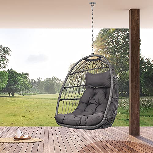 Foldable Wicker ChairHanging Egg Chair Hammock ChairSwing Chair with Cushion and Pillow Rattan ChairLounging Chair for Indoor Outdoor Bedroom Patio Garden (Dark Gray Without Stand)