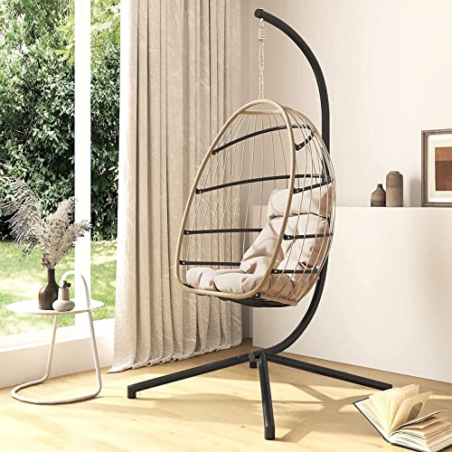 Indoor Outdoor Hanging Egg Chair with Stand Patio Wicker Hammock Swing Chair wSoft Seat Cushion  Pillow Aluminum Frame Hanging Chair for Bedroom Balcony Porch Outside 350 lbs Capacity CAELUM