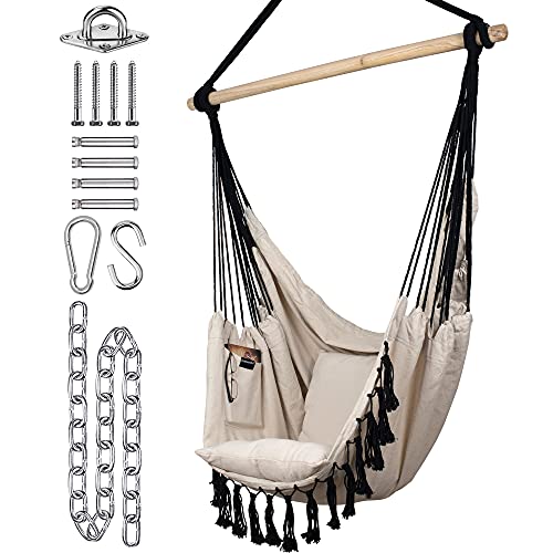 KOMOREBI Hammock Chair  Hanging Rope Swing for Indoor  Outdoor  Soft  Durable Cotton Canvas  2 Cushions Included  Large Macrame Hanging Chair with Pocket for Bedroom Patio Porch (IvoryBlack)
