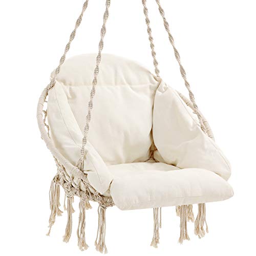 SONGMICS Hanging Chair Hammock Chair with Large Thick Cushion Swing Chair Holds up to 264 lb for Terrace Balcony Garden Living Room Scandinavian Shabby Chic Cloud White UGDC042M01