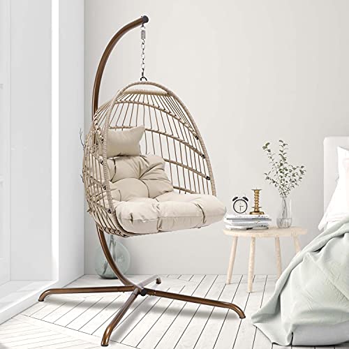 Swing Egg Chair with Stand Golden Brown Indoor Outdoor 350lbs Capacity Hanging Rattan Hammock Chair with UV Resistant Cushion Collapsible Foldable Basket for Bedroom Balcony Patio Garden (Cream)