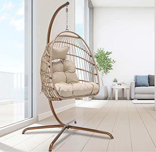 Swing Egg Chair with Stand Indoor Outdoor Wicker Rattan Patio Basket Hanging Chair with UV Resistant Cushions 350lbs Capaticy for Bedroom Balcony Patio (Cream)