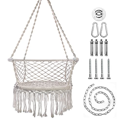 TDPN5 Hammock Chair Macrame Swing with Heavy Duty Hanging Hardware Kit Handmade Knitted Mesh Rope Swing Chair for IndoorOutdoor Bedroom Patio or Garden (Beige)