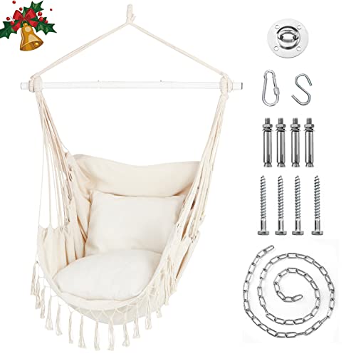 TDPN5 Hammock Chair Swing HandWoven and Detachable Support Rod with Hanging Hardware Kit and Side Pockets for Indoor and Outdoor Home Bedroom Garden (Beige)