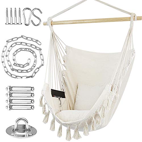 WBHome Extra Large Hammock Chair Swing with Hardware Kit Hanging Macrame Chair Cotton Canvas Include Carry Bag  Two Soft Seat Cushions for Bedroom Indoor Outdoor Max Weight 330 Lbs (Beige)
