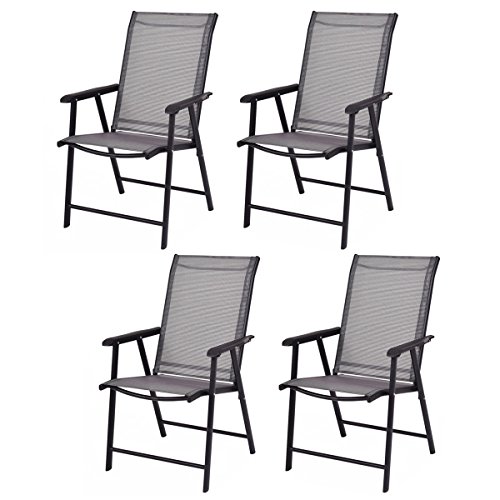 Giantex Set of 4 Patio Dining Chairs Outdoor Chairs Portable Folding Chairs for Camping Pool Beach Deck Lawn Chair with Armrest 4Pack Patio Chairs Metal Frame Grey