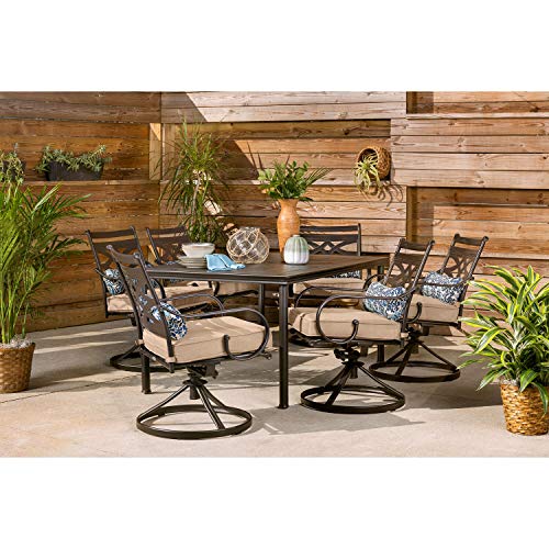 Hanover Montclair 7Piece AllWeather Outdoor Patio Dining Set 6 Swivel Rocker Chairs with Comfortable Tan Seat and Lumbar Cushions 40x66 Stamped Rectangle Table MCLRDN7PCSQSW6TAN