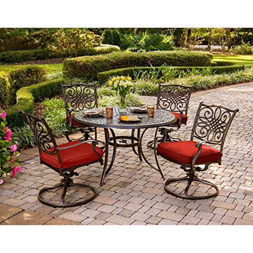 Hanover Traditions 5Piece Cast Aluminum Outdoor Patio Dining Set 4 Swivel Rocker Chairs and 48 Round Table Brushed Bronze Finish with Red Cushions RustResistant TRADDN5PCSWRED