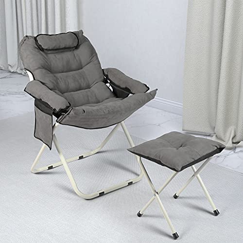 Libote Accent Chair with Ottoman and Side Pocket Folding Sleeper Adjustable Lazy Lounge Chair IndoorOutdoor Reclining Single Sofa Couch for Garden Living Reading Room Bedroom (Grey)