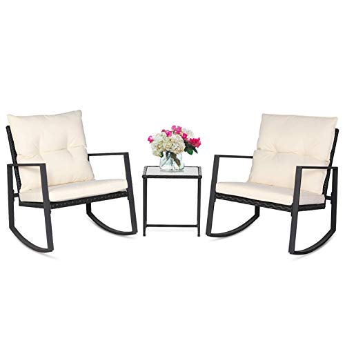 SUNCROWN Outdoor 3Piece Rocking Bistro Set Black Wicker FurnitureTwo Chairs with Glass Coffee Table (Beige Cushion)