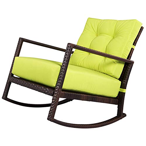 SUNCROWN Outdoor Furniture Patio Rocking Chair AllWeather Wicker Seat with Thick Washable Lime Green Cushions Smooth Gliding Rocker with Improved Stability