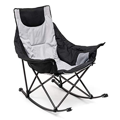 Sunnyfeel Camping Rocking Chair Luxury Padded Recliner Oversized Folding Lawn Chair with Pocket 300 LBS Heavy Duty for OutdoorPicnicLoungePatio Portable Camp Rocker Chairs with Carry Bag (grey)