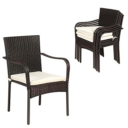 Tangkula 4 Pieces Patio Rattan Dining Chairs Outdoor Stackable Wicker Chairs with Comfortable Cushions and Armrests All Weather Outdoor Dining Chair Set for Poolside Garden and Backyard