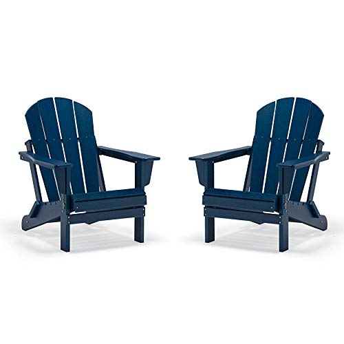 WO 2 Piece Set Outdoor Folding Adirondack Chair for Backyard Lawn Patio Deck Garden Weather Resistant Polyethylene Plastic Lounger Navy Blue