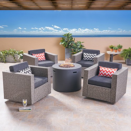 Great Deal Furniture Leon Outdoor 4 Piece Swivel Club Chair Set with Round Fire Pit Mixed Black and Dark Gray