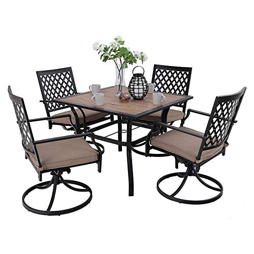 MFSTUDIO Metal Patio Dining Sets Club Bistro Bar Sets Swivel Dining Rocker Chair with 27 Thick Cushions and Larger Square Table Furniture Set Steel Frame Set of 5