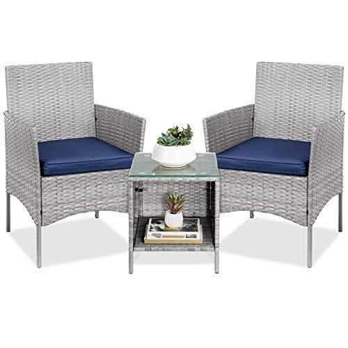 Best Choice Products 3Piece Outdoor Wicker Conversation Bistro Set Patio Furniture for Yard Garden w 2 Chairs 2 Cushions Side Storage Table  GrayNavy