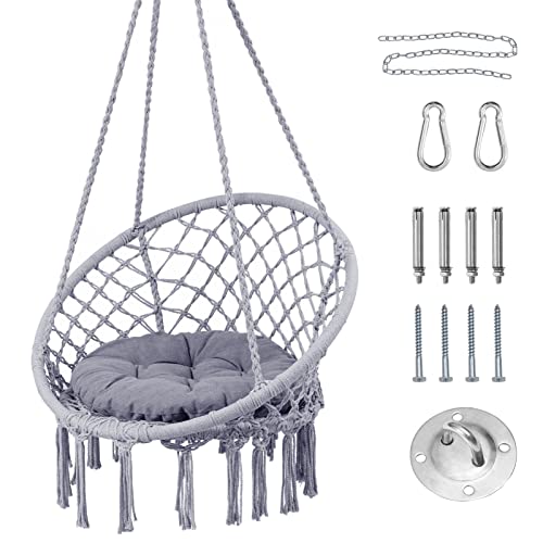 HBlife Hammock Chair Hanging Swing with Macrame and Cushion Max 330 Lbs Gray Hanging Cotton Rope Chair for Indoor Outdoor Bedroom Patio Yard Deck Garden Porch
