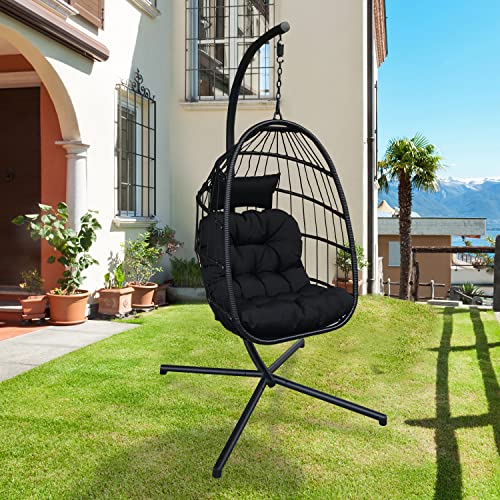 PRIVATE GARDEN Indoor Outdoor Patio Hanging Egg Chair Wicker Swing Hammock Chairs UV Resistant Cushion Folding Aluminum Frame 330lbs Capacity for Patio Bedroom Balcony (Black)