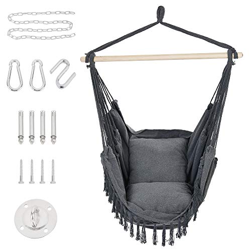 Patio Watcher Oversized Hammock Chair Hanging Rope Swing Seat with 2 Cushions and Hardware Kits Perfect for Indoor Outdoor Home Bedroom Patio Yard，Deck Garden Max 330 Lbs Gray