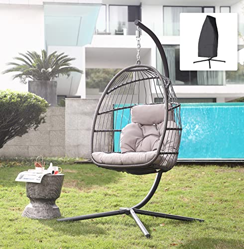 Patiorama Indoor Outdoor Egg Swing Chair with Stand Patio Grey Wicker Rattan Hanging Chair with Rope Back CushionCoverAll Weather Foldable Hammock Chair for Bedroom Garden (Light Grey)