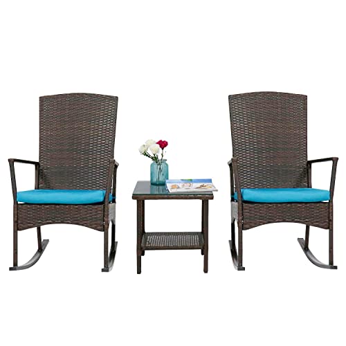 Peach Tree Rattan Rocker Chair Outdoor Garden Rocking Chair Wicker Lounge wTurquoise Cushion and Tea Table