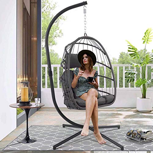 RADIATA Foldable Wicker Rattan Hanging Egg Chair with Stand Swing Chair with Cushion and Pillow Lounging Chair for Indoor Outdoor Bedroom Patio Garden Dark Gary with Stand