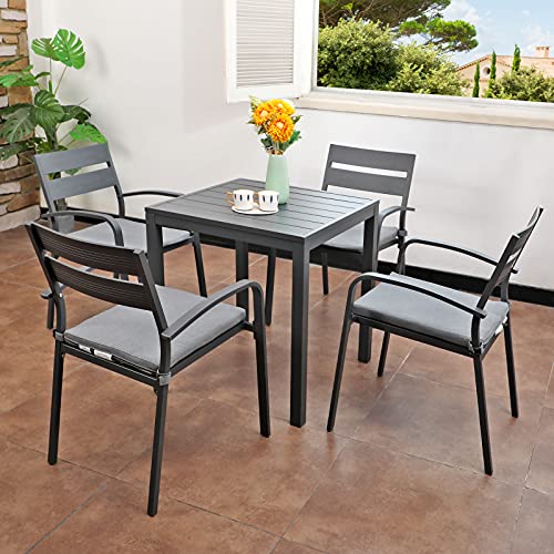Soleil Jardin Aluminum 5Piece Patio Dining Set Outdoor Dining Furniture Set with 4 Stackable Chairs for Garden Backyard Dark Grey Finish  Grey Cushion
