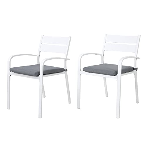 Soleil Jardin Outdoor Aluminum 2Piece Patio Dining Chairs with Cushions Stackable Bistro Chairs for Balcony Garden Backyard White Finish  Grey Cushion