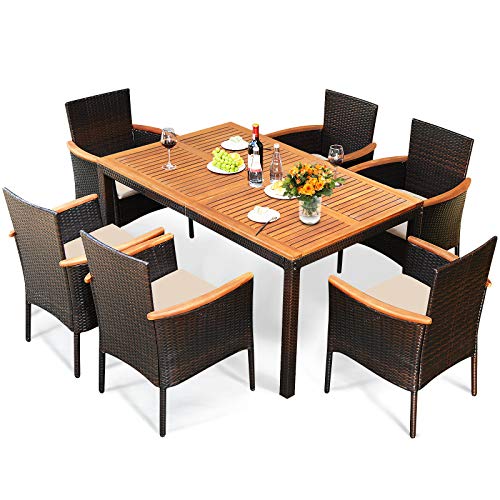 Tangkula 7 Pieces Patio Rattan Dining Set Outdoor Conversation Set wAcacia Wood Tabletop  Umbrella Hole Stackable Chairs wSoft Cushion Table and Chair Set for Garden Backyard (Beige)