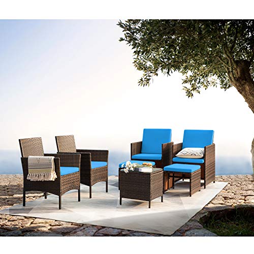 VICTONE Patio Porch Furniture Sets 7 Pieces PE Rattan Wicker Sectional Chairs Sets Outdoor Garden Furniture Sets with Cushions and Glass Table (Blue)