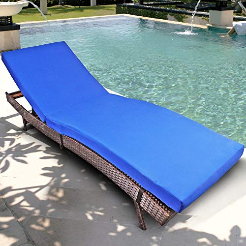 Valentines Day Decor Spring Patio Chaise Lounge Brown Rattan Blue Cushion Outdoor Portable Chaise Couch Wicker Furniture Adjustable Sunbed Poolside Garden Chair with Cushion Gift Decoration