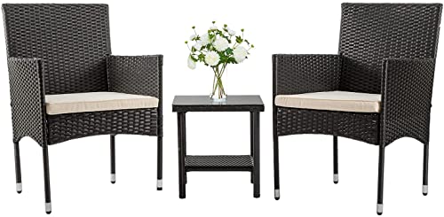 3 Pieces Patio Set Outdoor Patio Furniture Sets Wicker Bistro Set Rattan Chair Conversation Sets Garden Porch Furniture Sets for Yard and Bistro with Coffee Table (Black)
